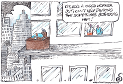 OFFICE WORKER ON BUILDING LEDGE by Randall Enos
