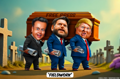 TRUMP, VANCE AND MUSK CARRYING A COFFIN by Bart van Leeuwen