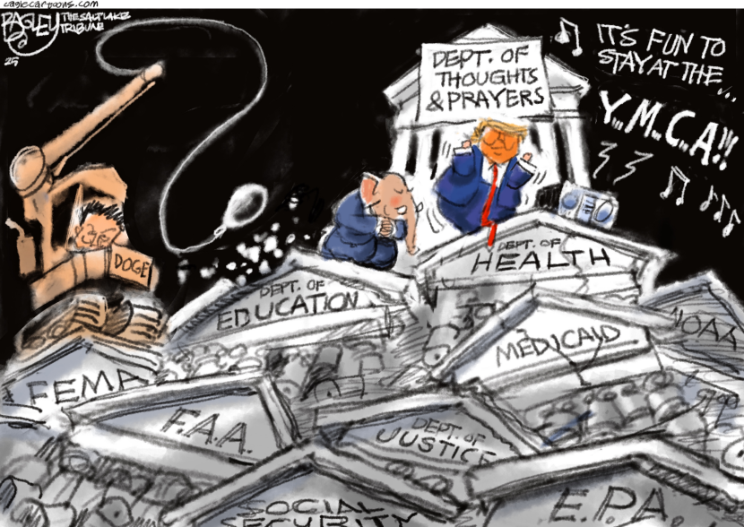 Trump Dances Atop Dismantled Government Departments in Bagley's Satirical Cartoon