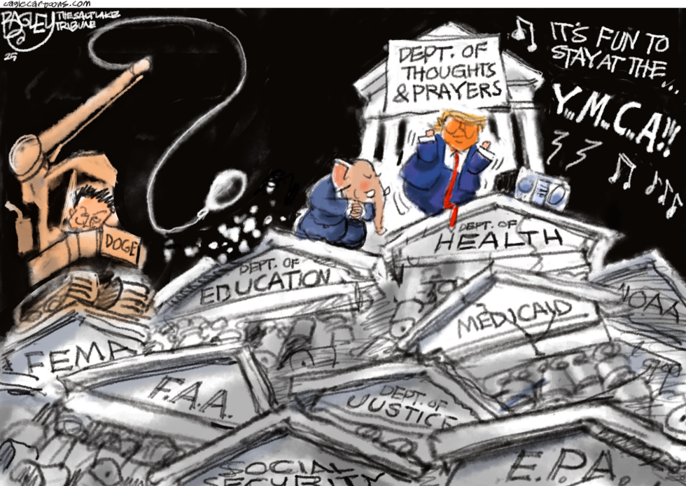 Trump Dances Atop Dismantled Government Departments in Bagley's Satirical Cartoon