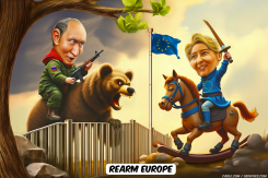VON DER LEYEN RIDING ROCKING HORSE, PUTING BEAR by Bart van Leeuwen