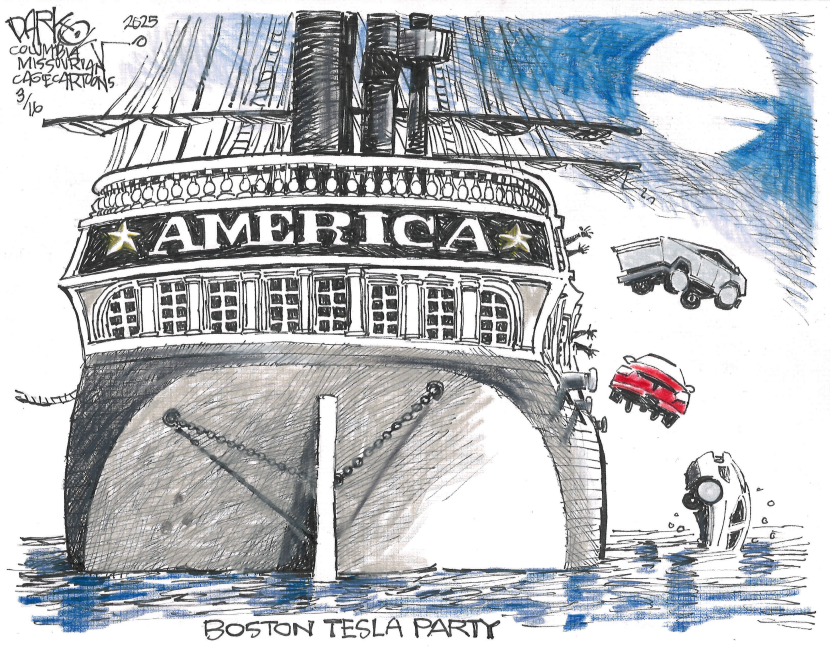 America ship sinks Teslas in Boston Tea Party parody amid Musk DOGE backlash