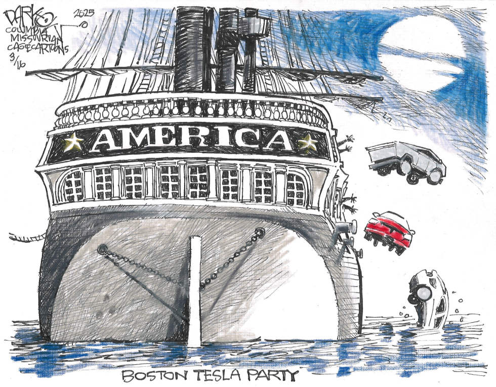 America ship sinks Teslas in Boston Tea Party parody amid Musk DOGE backlash