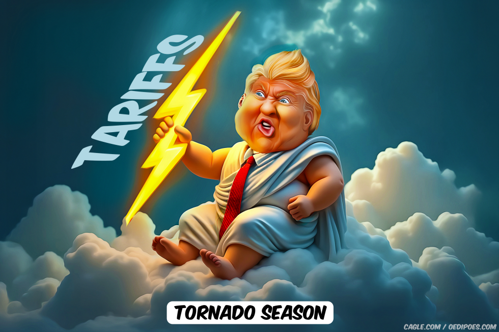 Trump sitting on a cloud holding lightning bolt