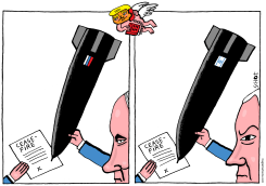NETANYAHU PUTIN SIGNING PEACE WITH BOMB PEN by Schot