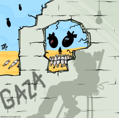 GAZA WAR ISRAEL HOSTAGES BOMBS SKULL COFFINS by Emad Hajjaj