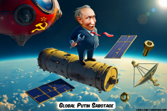 PUTIN STANDING ON A DISMANTLED SATELLITE  by Bart van Leeuwen