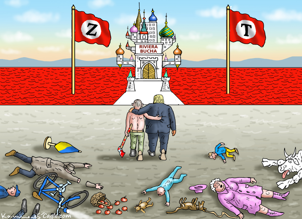 Trump and Putin depicted approaching Riviera Bucha castle amid Ukraine bodies