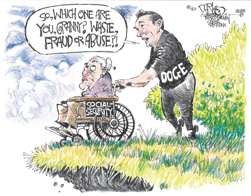 DOGE representative questions elderly woman in wheelchair near cliff edge