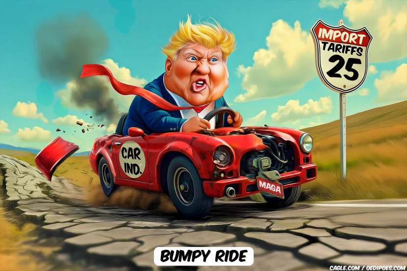 Trump wrecks car on bumpy road