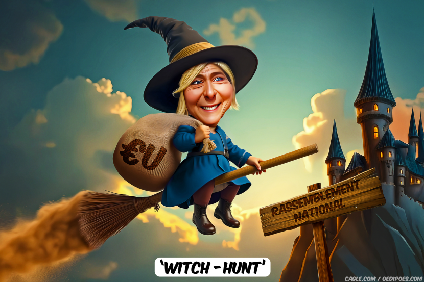 Marine Le Pen flying on a broom