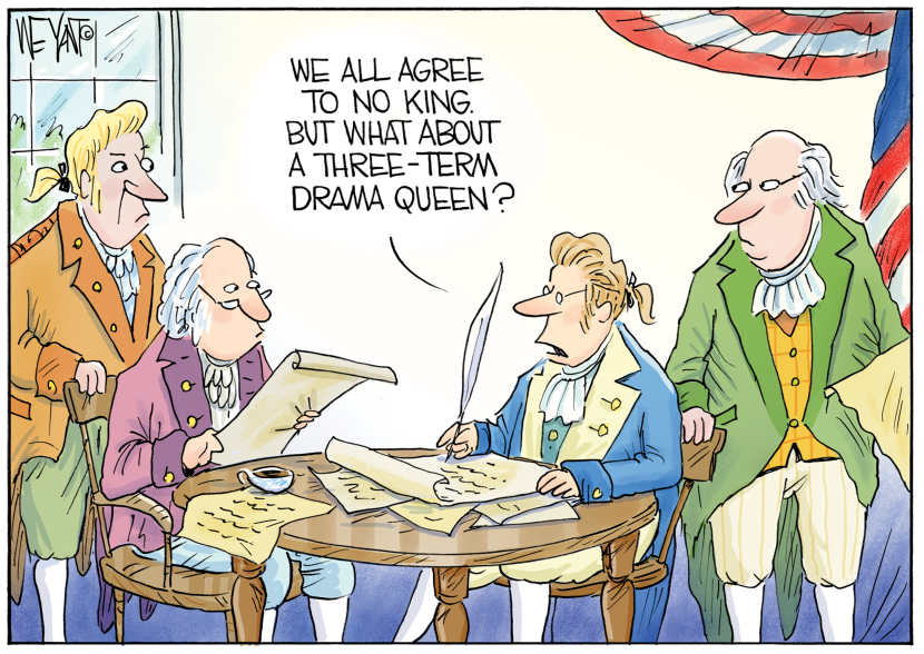 Founding fathers discuss constitution, rejecting a king but pondering a third term drama queen amid election fraud tags.