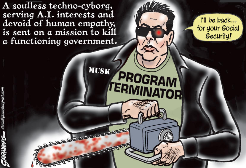 Elon Musk depicted as chainsaw-wielding Terminator targeting Social Security