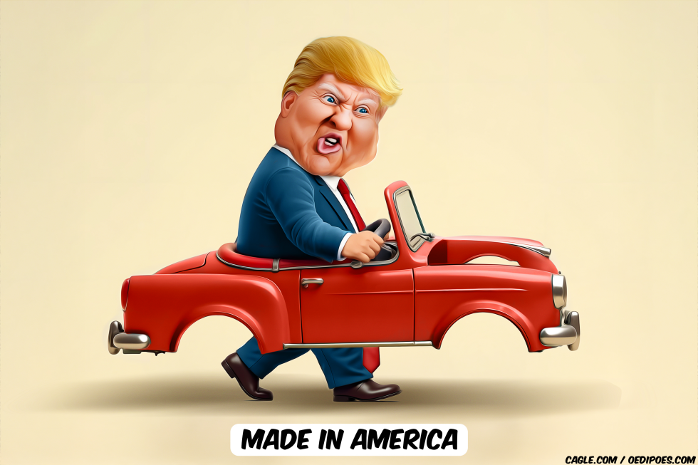 Trump walking with the carcass of a car