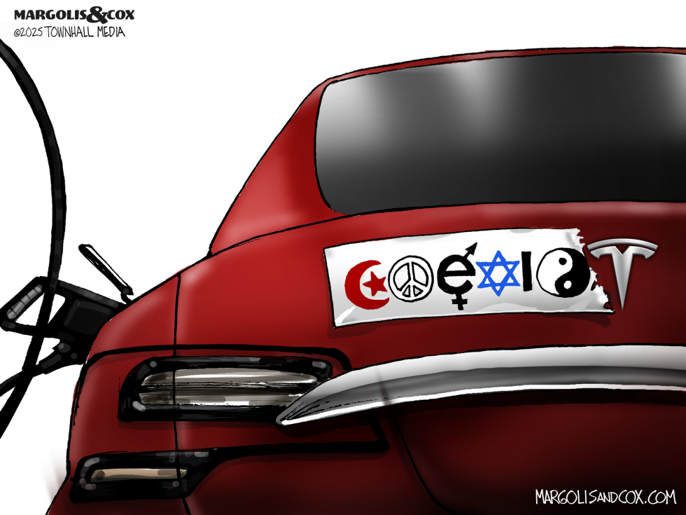 Red Tesla displays coexist sticker while charging
