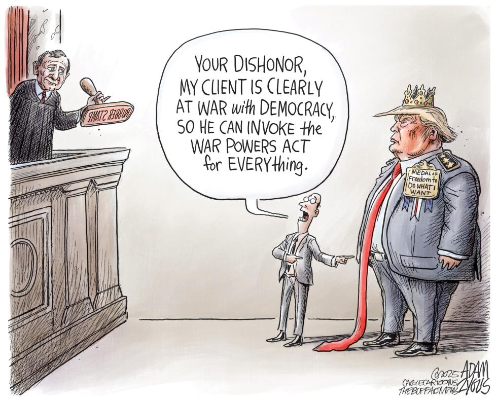In this MAGA-fueled satire, Trump as king invokes war powers against democracy for deportations, per SCOTUS hearing.