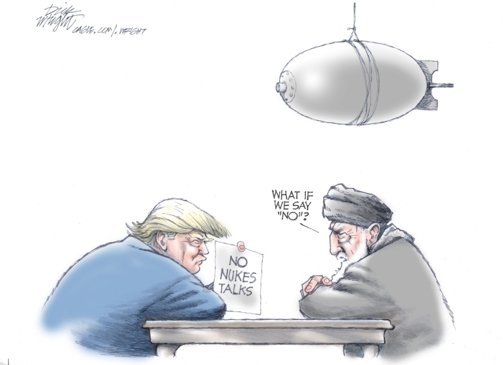 Trump holds no nukes sign during Iran talks as bomb hangs overhead