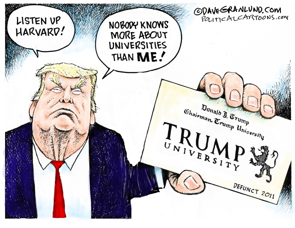 Trump asserts university expertise while displaying defunct Trump University card in Harvard confrontation