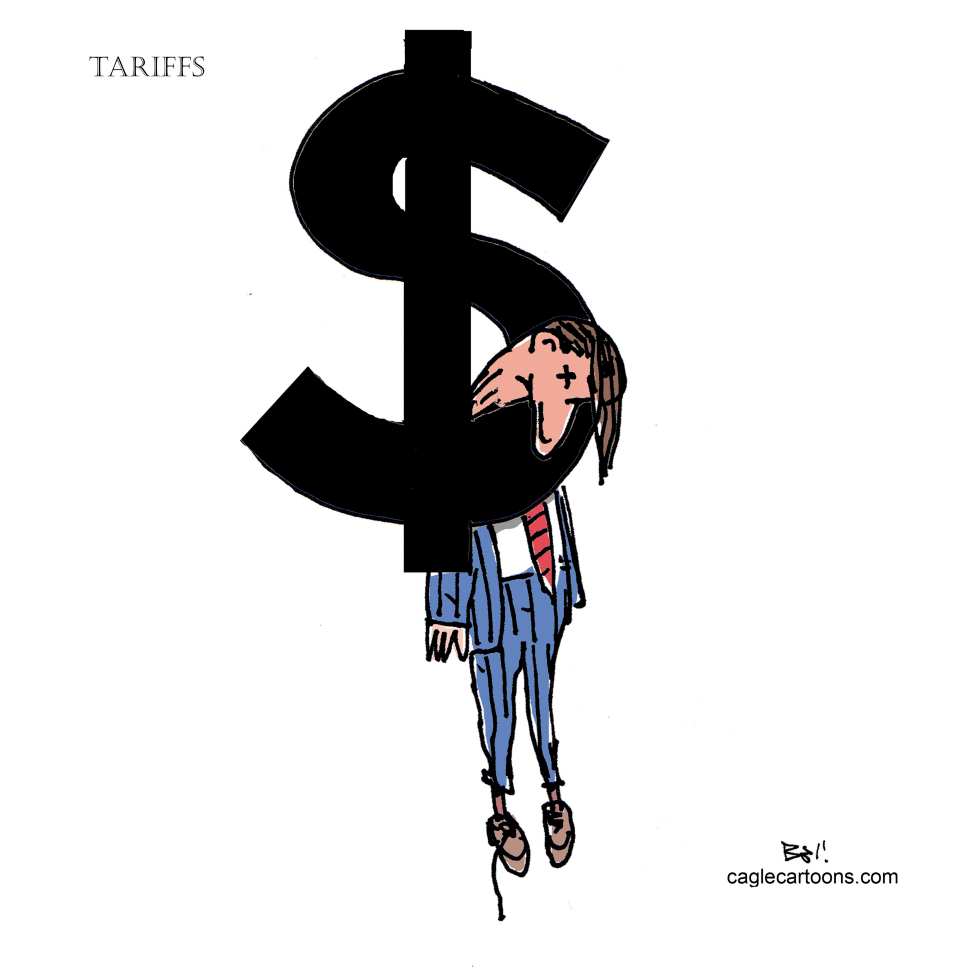 Trump pinned beneath oversized tariff dollar sign