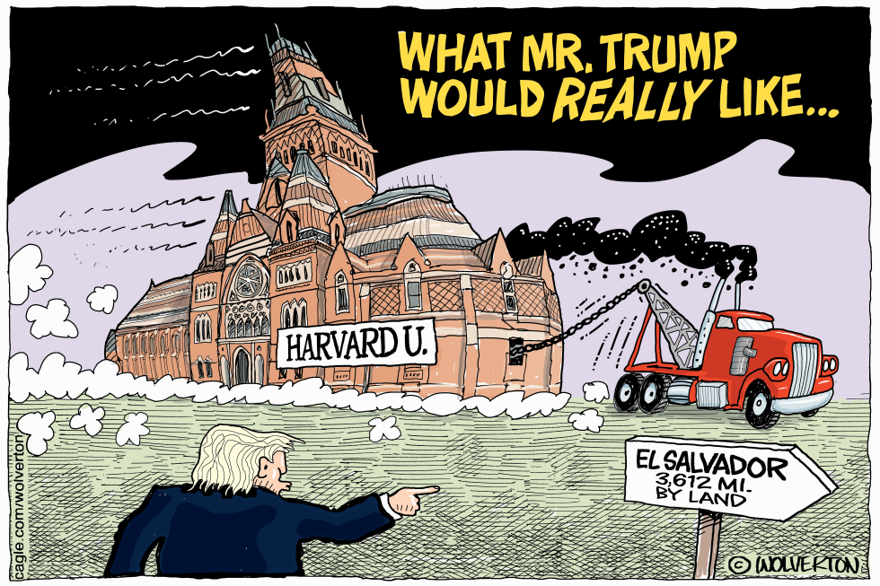 Trump Cartoon Depicts Harvard University Towed Toward El Salvador