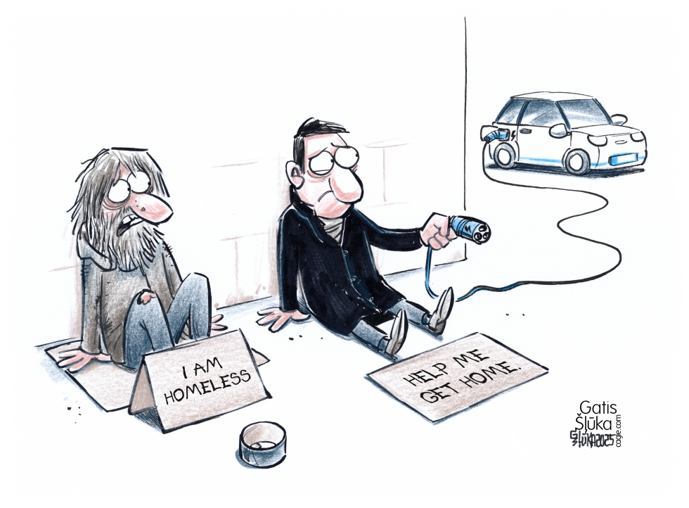 Homeless and electric car owner are begging