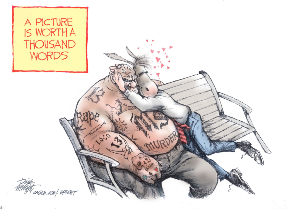 Democrat symbol embraces tattooed criminal figure on bench