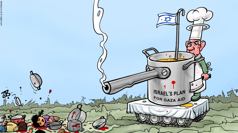 Netanyahu stands as chef beside pot tank labeled Israel's plan for Gaza aid