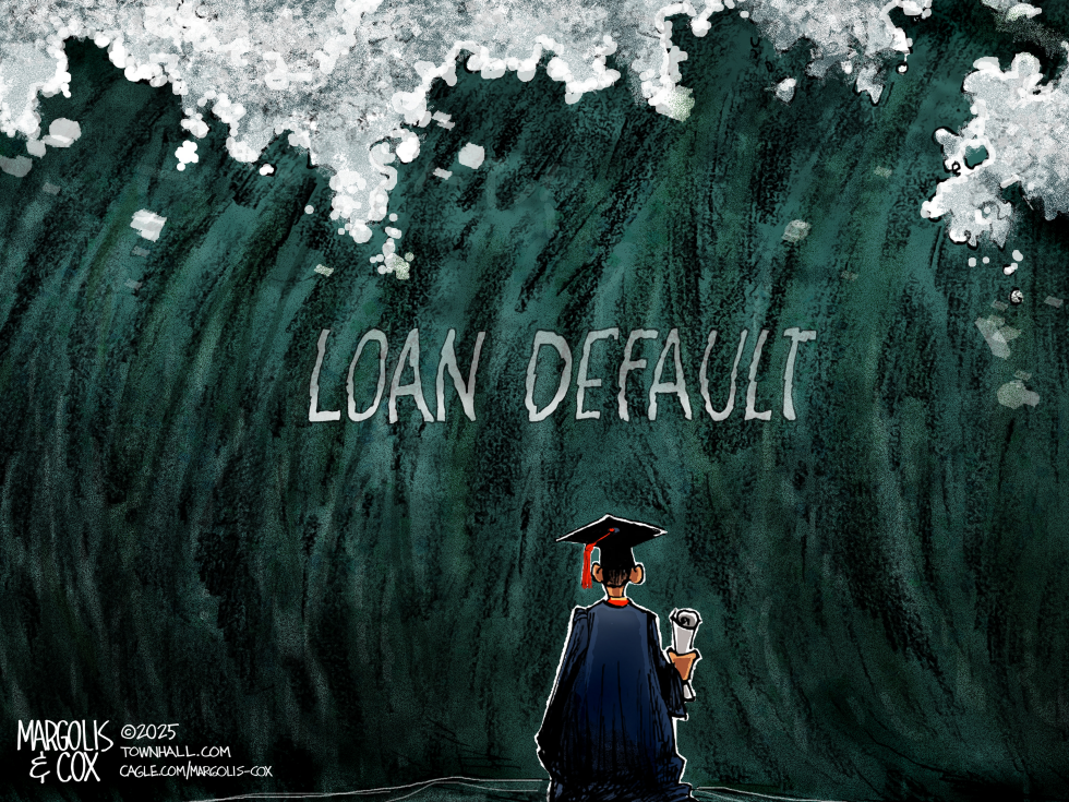 Graduate in cap and gown stands before wave marked loan default