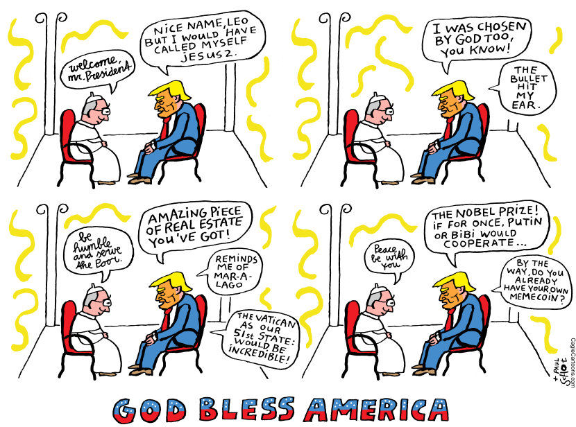Trump and Pope Swap Divine Tips in Satirical Cartoon