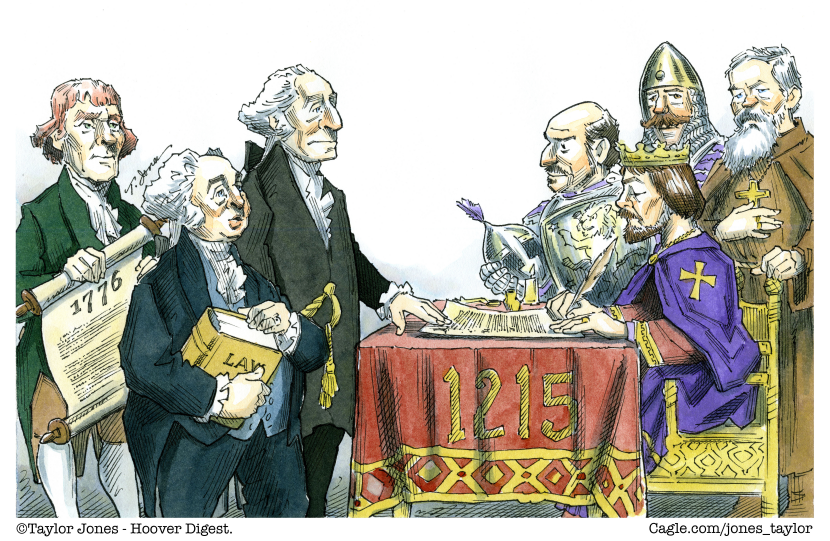 Founding Fathers present law book while King John signs 1215 charter.