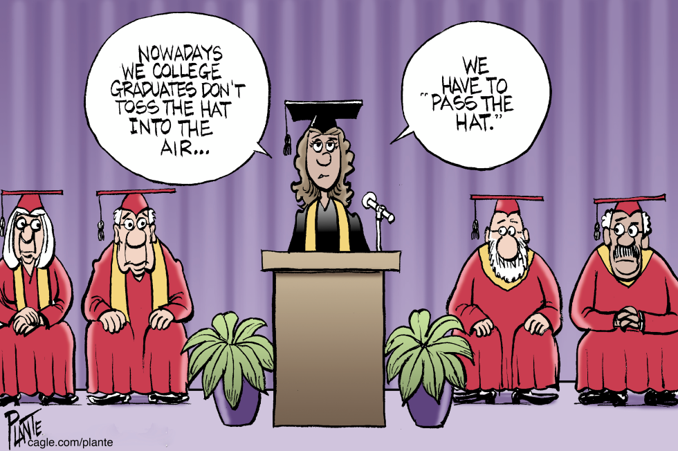 Cartoon depicts graduates passing the hat at podium instead of tossing caps