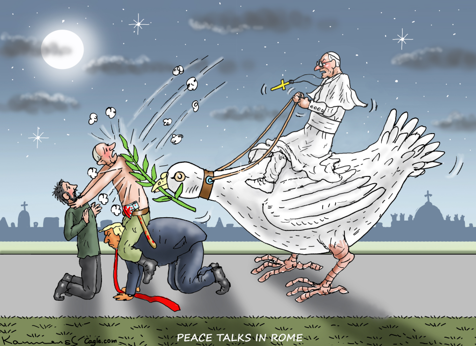 Pope Rides Giant Dove in Chaotic Peace Talks Cartoon Featuring World Leaders