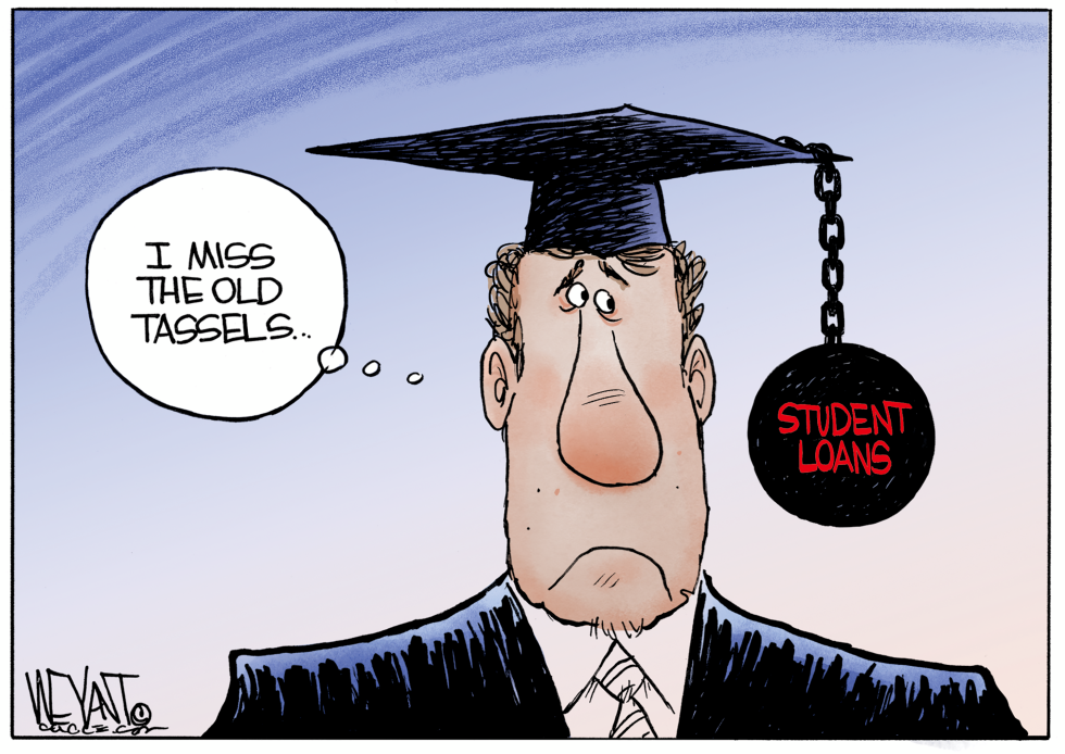 Graduate in Cap and Gown Has Student Loans Ball and Chain on Mortarboard