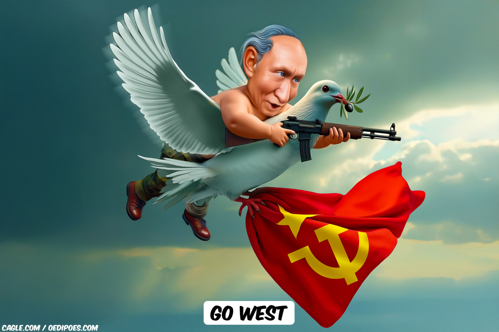 Putin riding dove of peace
