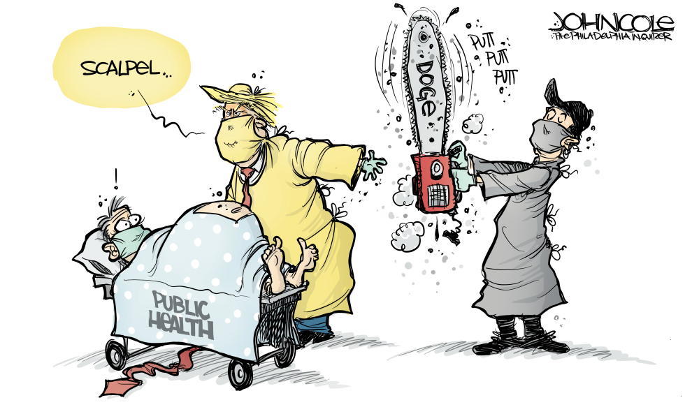 Cartoon depicts Trump and Musk targeting public health programs with DOGE cuts