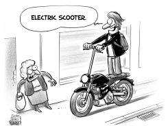 MAN RIDES ON THE MOTORBIKE AS AN ELECTRIC SCOOTER by Gatis Sluka