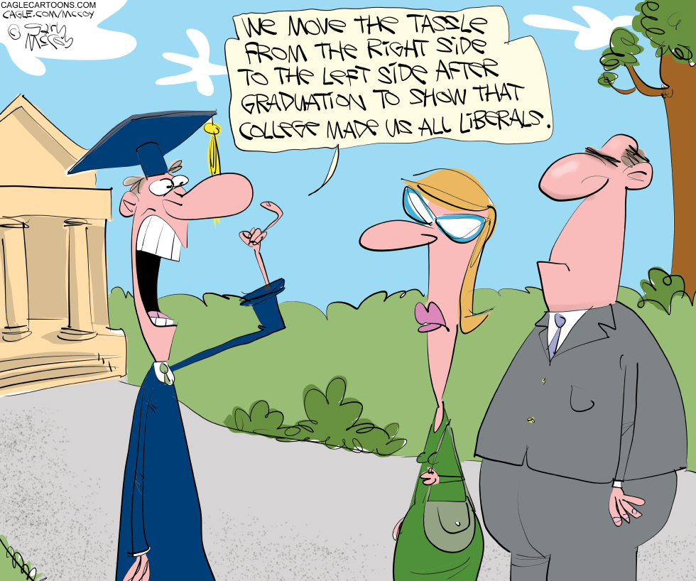 Cartoon Shows Graduate Moving Tassel While Explaining Liberal Shift