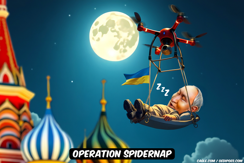 Putin being lifted by Ukraine drone