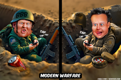 TRUMP AND MUSK TWITTERING IN TRENCH by Bart van Leeuwen