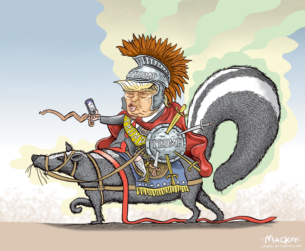 Trump as a Roman warrior atop a skunk