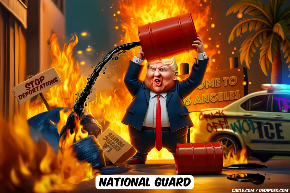 Trump lifting oil barrel in burning LA