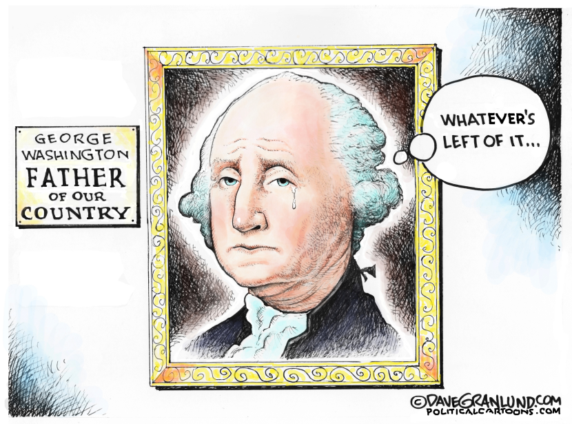 George Washington portrait displays tear while commenting on democracy remnants.