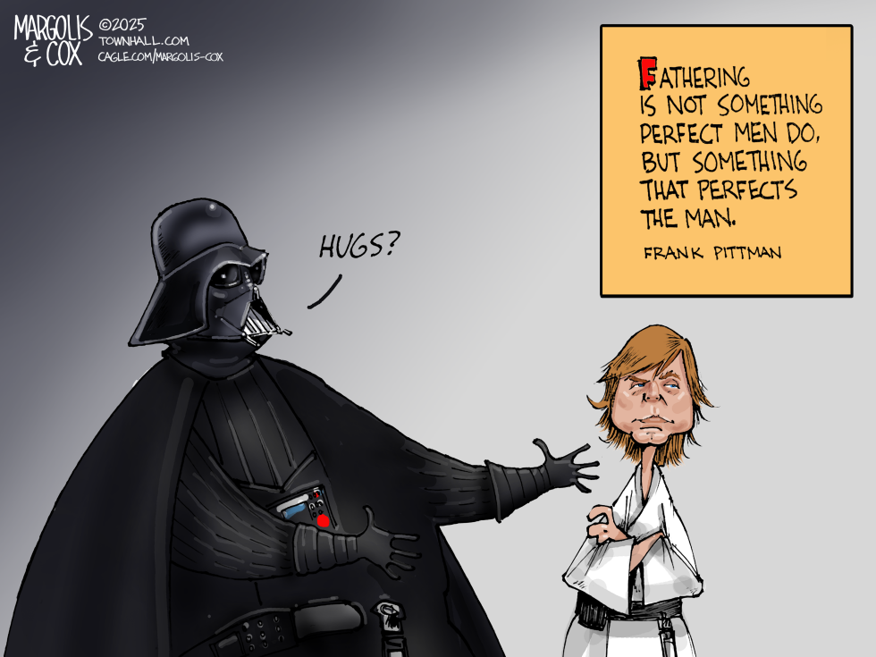 Darth Vader extends arms toward Luke Skywalker beside a quote on fatherhood.
