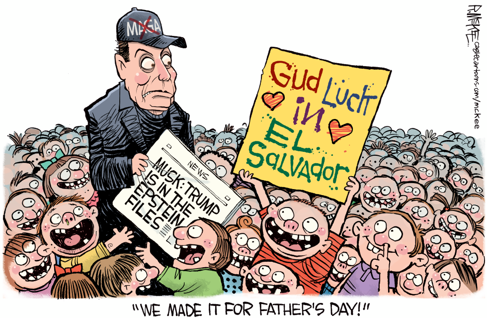 Elon Musk faces a crowd of children displaying Epstein files and an El Salvador sign on Father's Day.
