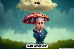 NETANYAHU UNDER UMBRELLA by Bart van Leeuwen