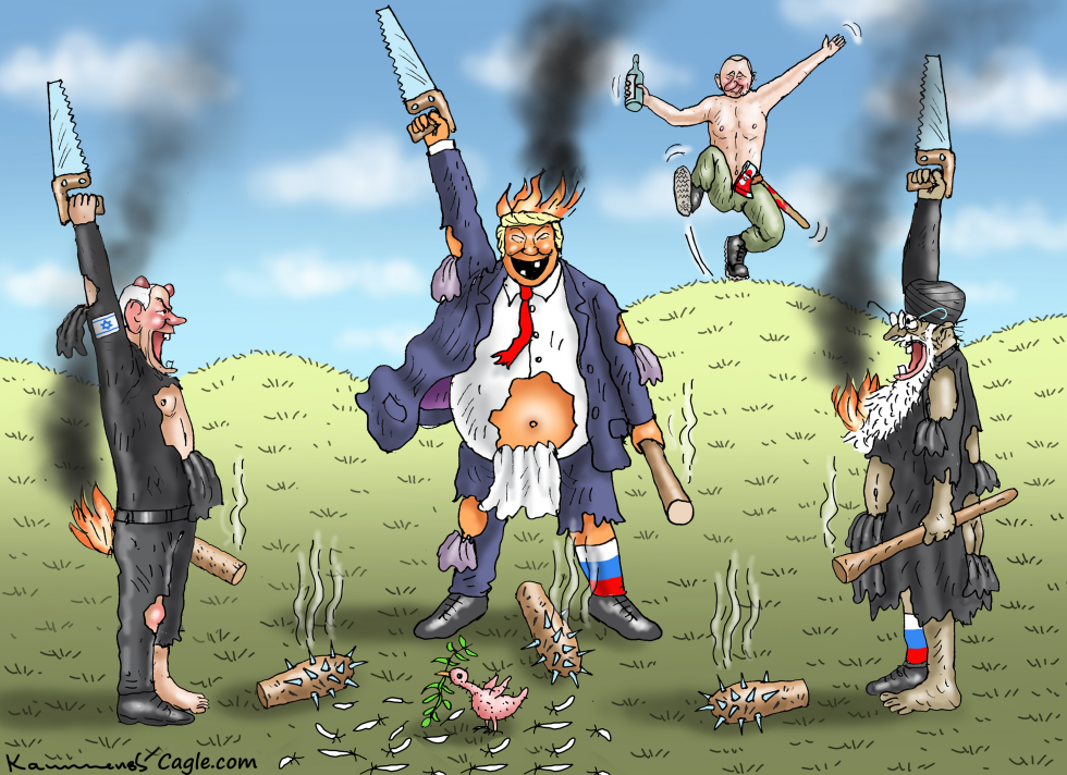 Leaders shown amid Iran ceasefire symbols and flags