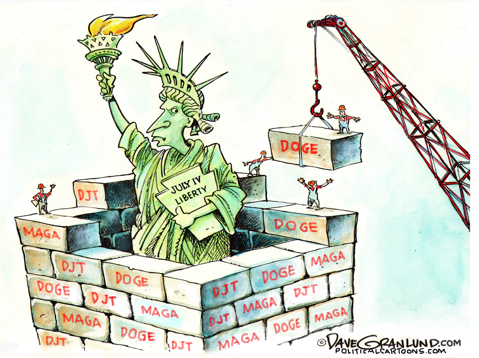 Statue of Liberty Assembled from DJT DOGE MAGA Blocks