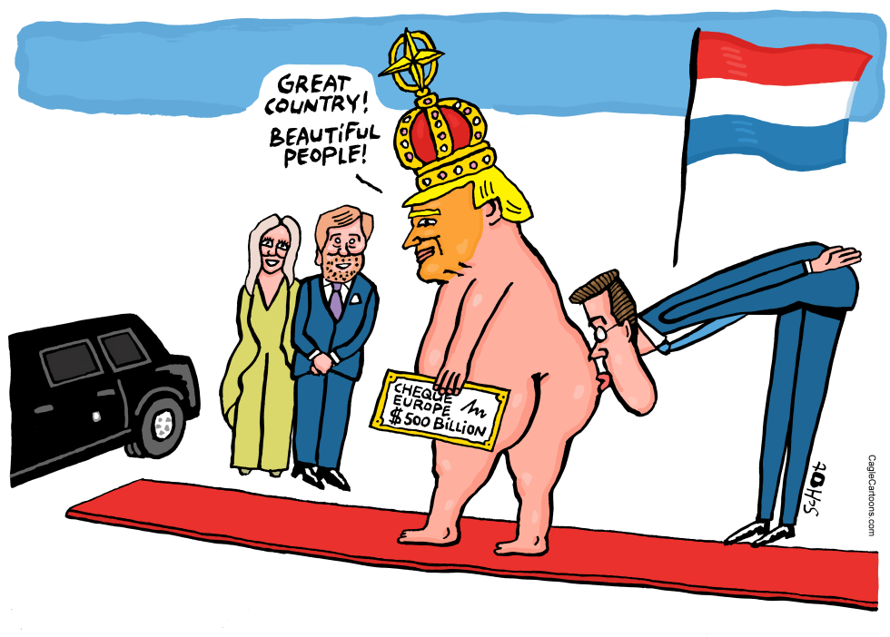 In this political cartoon, a naked Trump wearing a crown stands on a red carpet, holding a $500 billion cheque for Europe while a suited man kisses his rear, under the Netherlands flag.