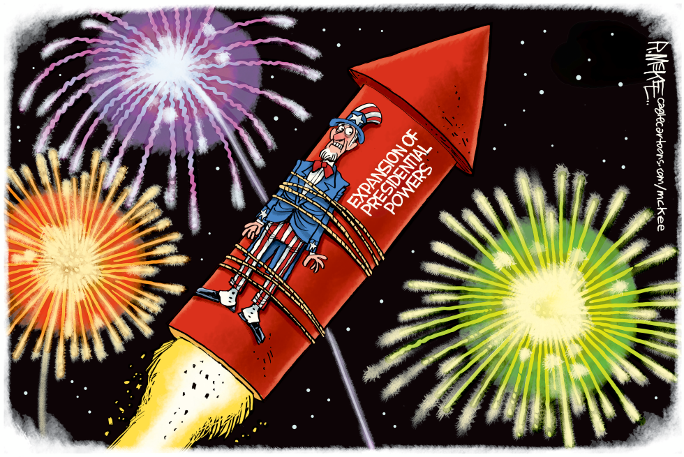 Uncle Sam Bound to Presidential Powers Rocket Amid July 4th Fireworks