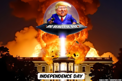 TRUMP FLYING UFO DESTROYING WHITE HOUSE by Bart van Leeuwen